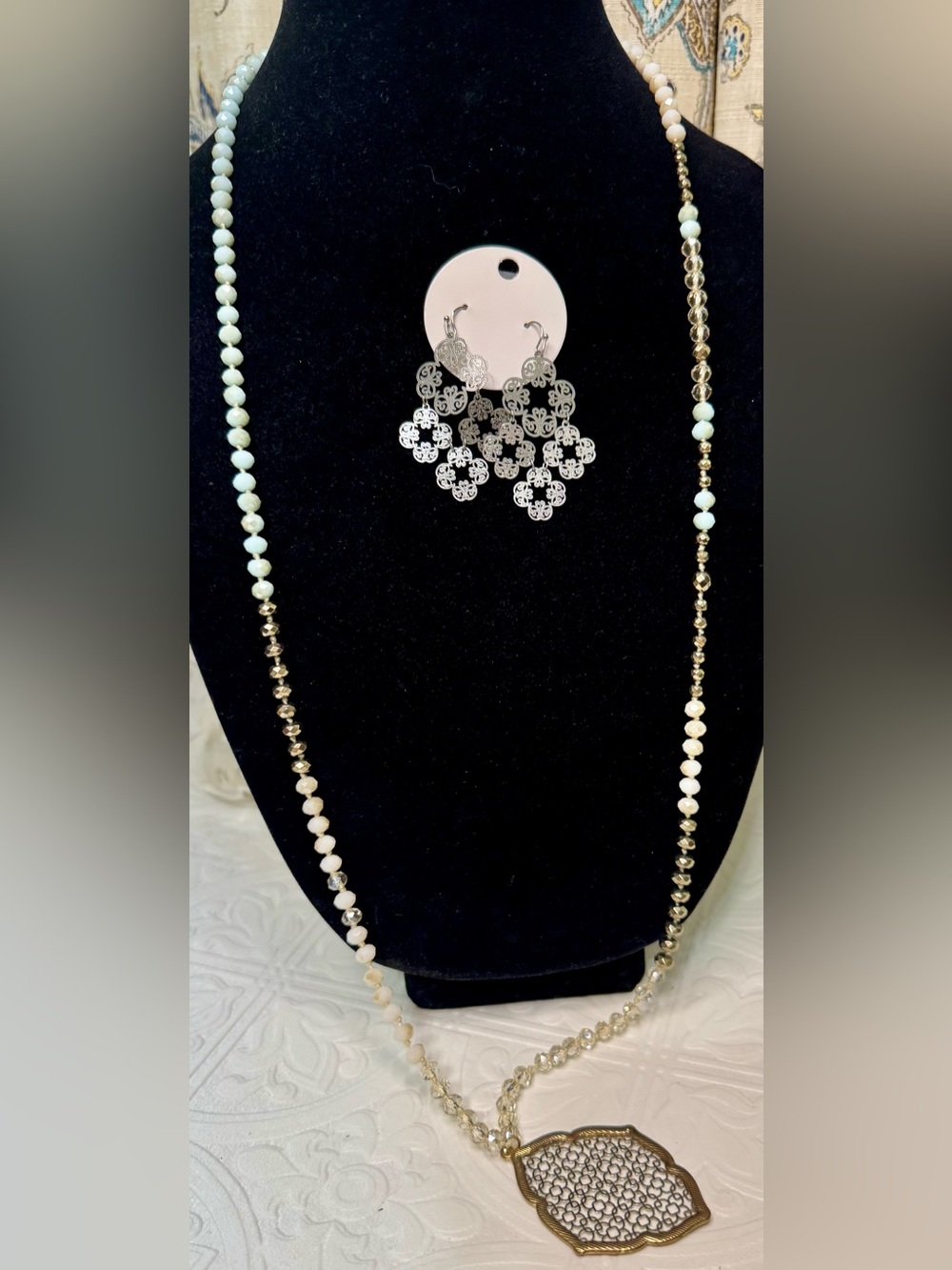 Plunder Beaded Long Necklace With Silver Filigree Earrings Set-Vintage